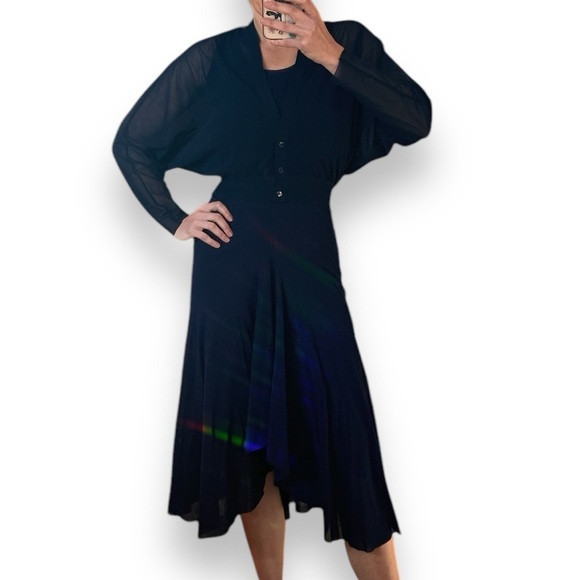 FUZZI by Jean Paul Gaultier Mesh Dress Long Sleeve MIDI Maxi Navy Blue SET sz S - Picture 3 of 16